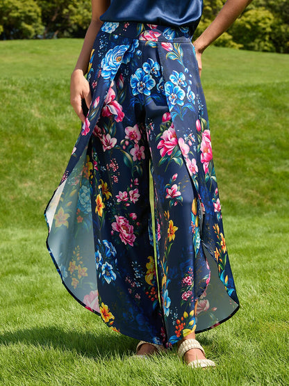 Sapphire Rose Garden Silky Satin Slit Wide Leg Pants