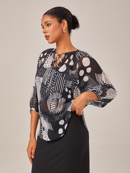 Abstract Print Puff Sleeve V-Neck Chiffon Blouse