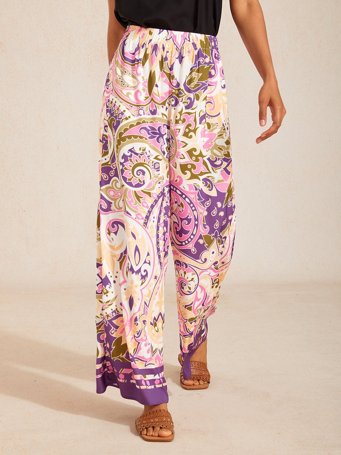 Lavender Paisley Flora Silky Satin Wide Leg Pants