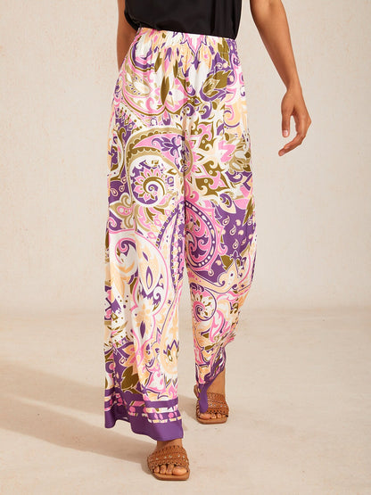 Lavender Paisley Flora Silky Satin Wide Leg Pants