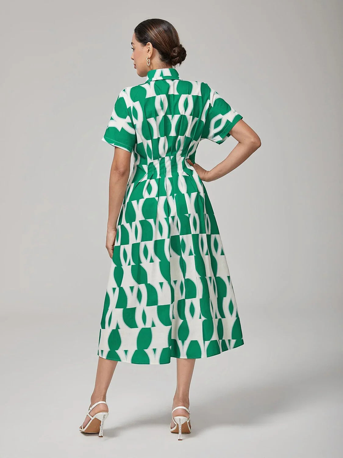 Vintage Green Geometric Pleated Shirt Dress