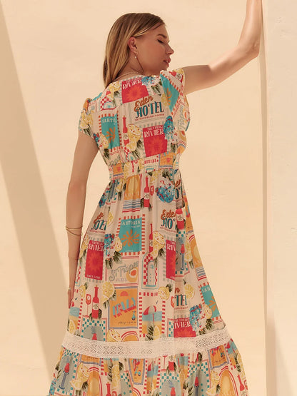 Ocean-Inspired Tencel Puff Balloon Sleeves Maxi Vacation Dress