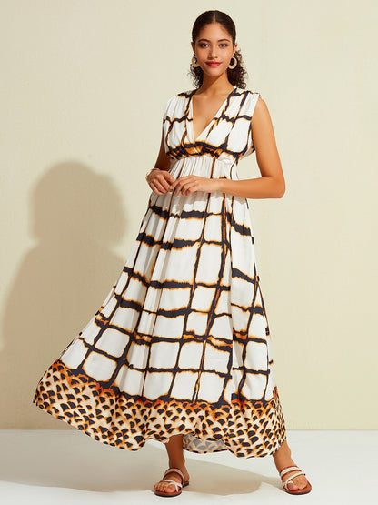 Satin Leopard Print Cross Front Sleeveless Maxi Dress