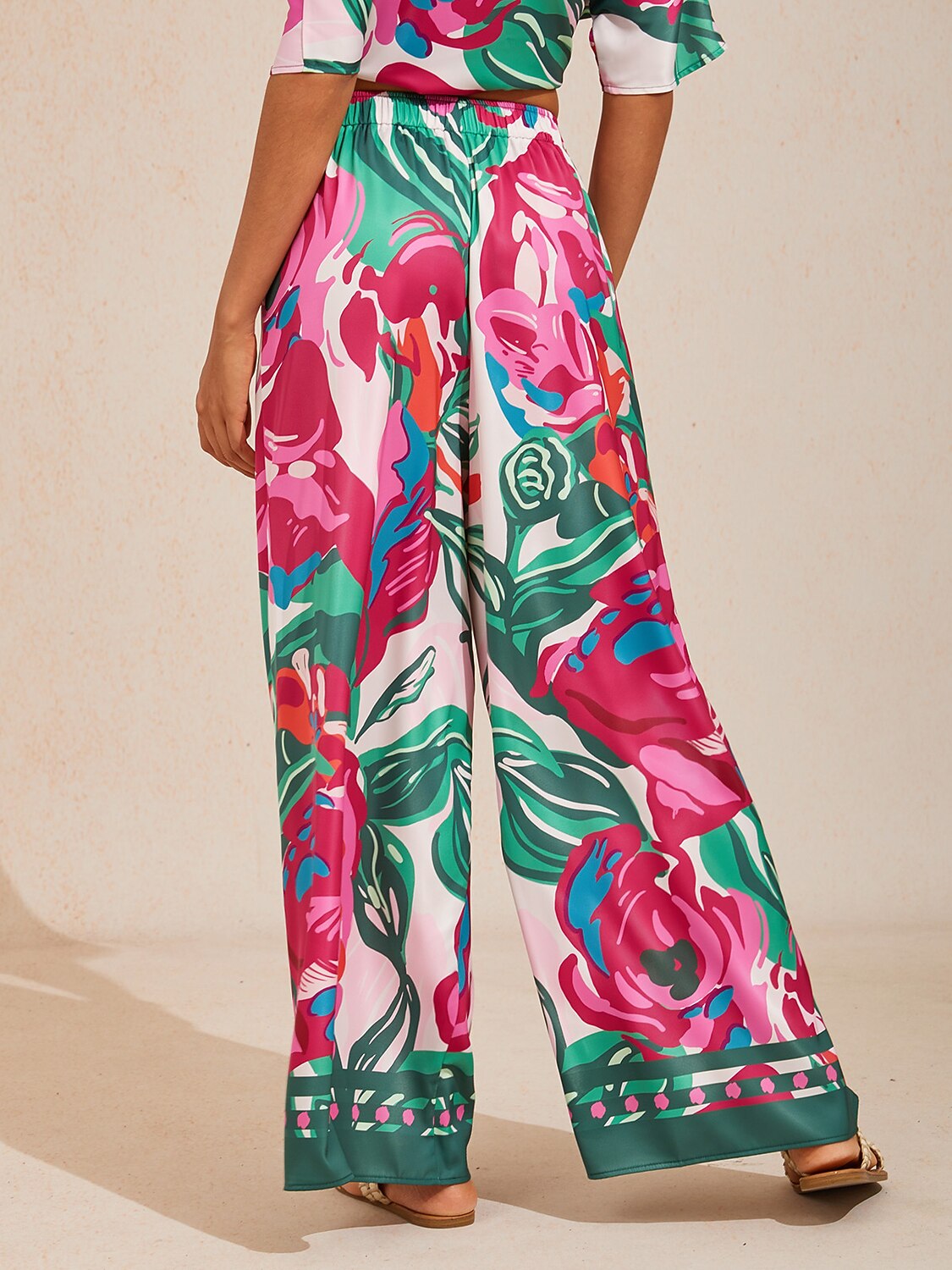 Fiery Pink Rose Silky Satin Wide Leg Pants