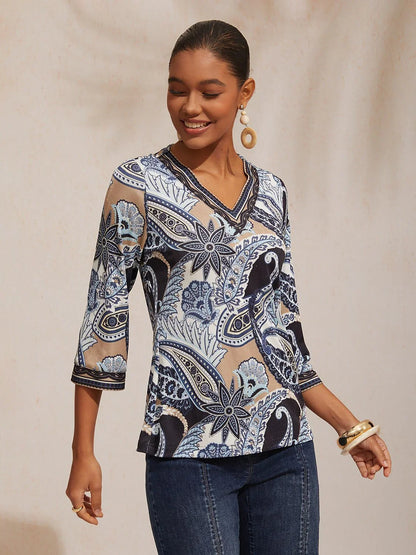 Abstract Paisley Pattern High Stretch Knit Top