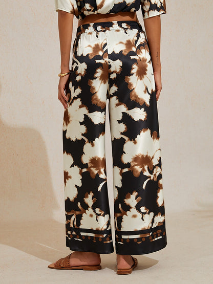 Sepia Noir Bloom Silky Satin Wide Leg Pants