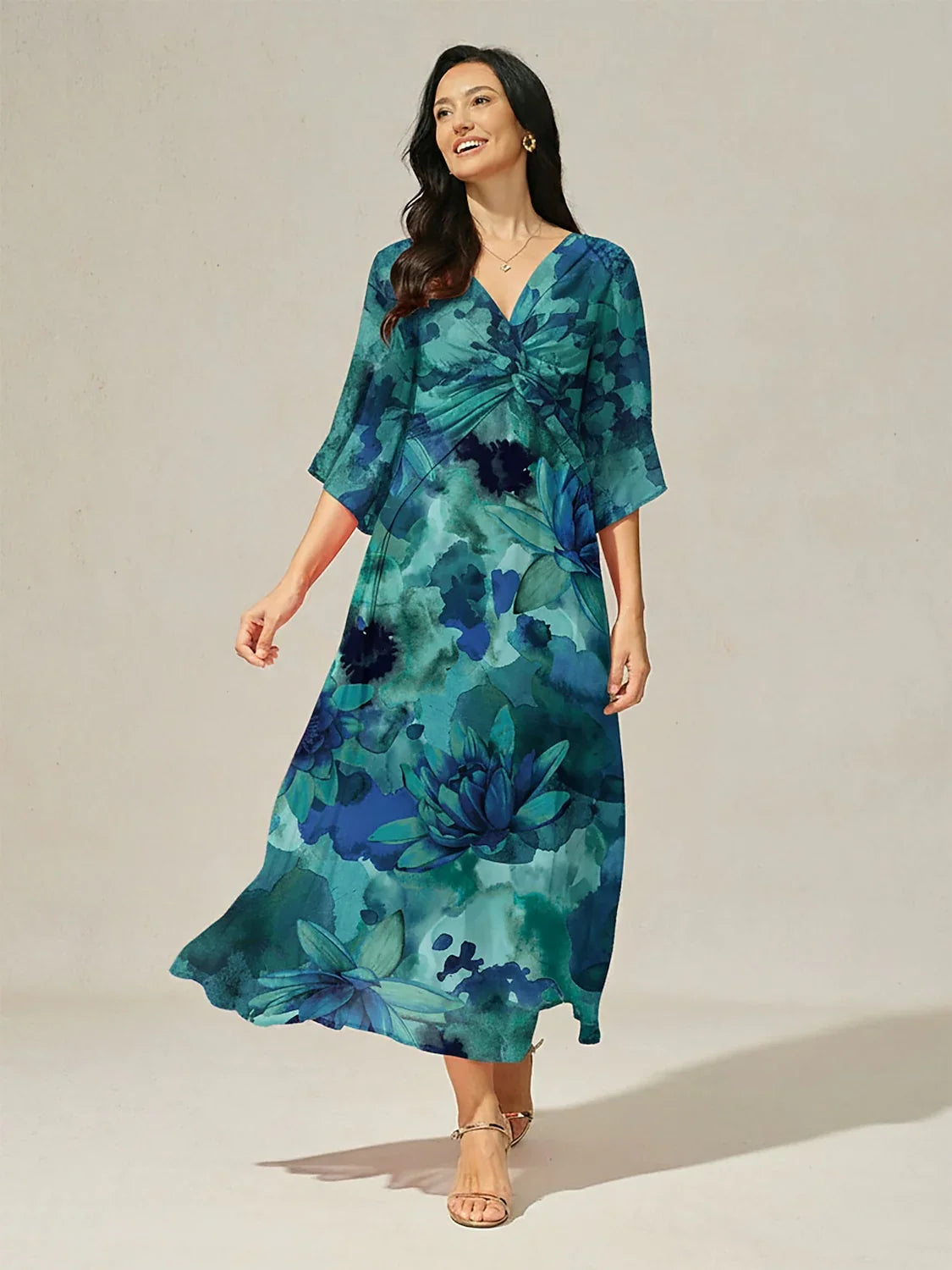 Chiffon Green Abstract Floral Print Twist Knot Maxi Dress