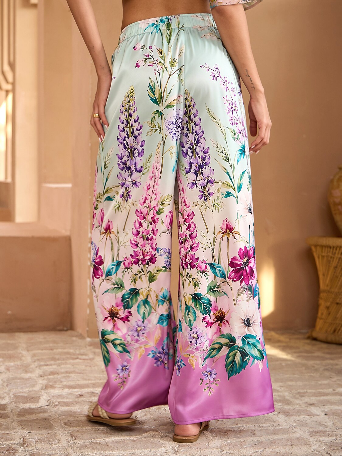 Pastel Garden Silky Satin Wide Leg Pants