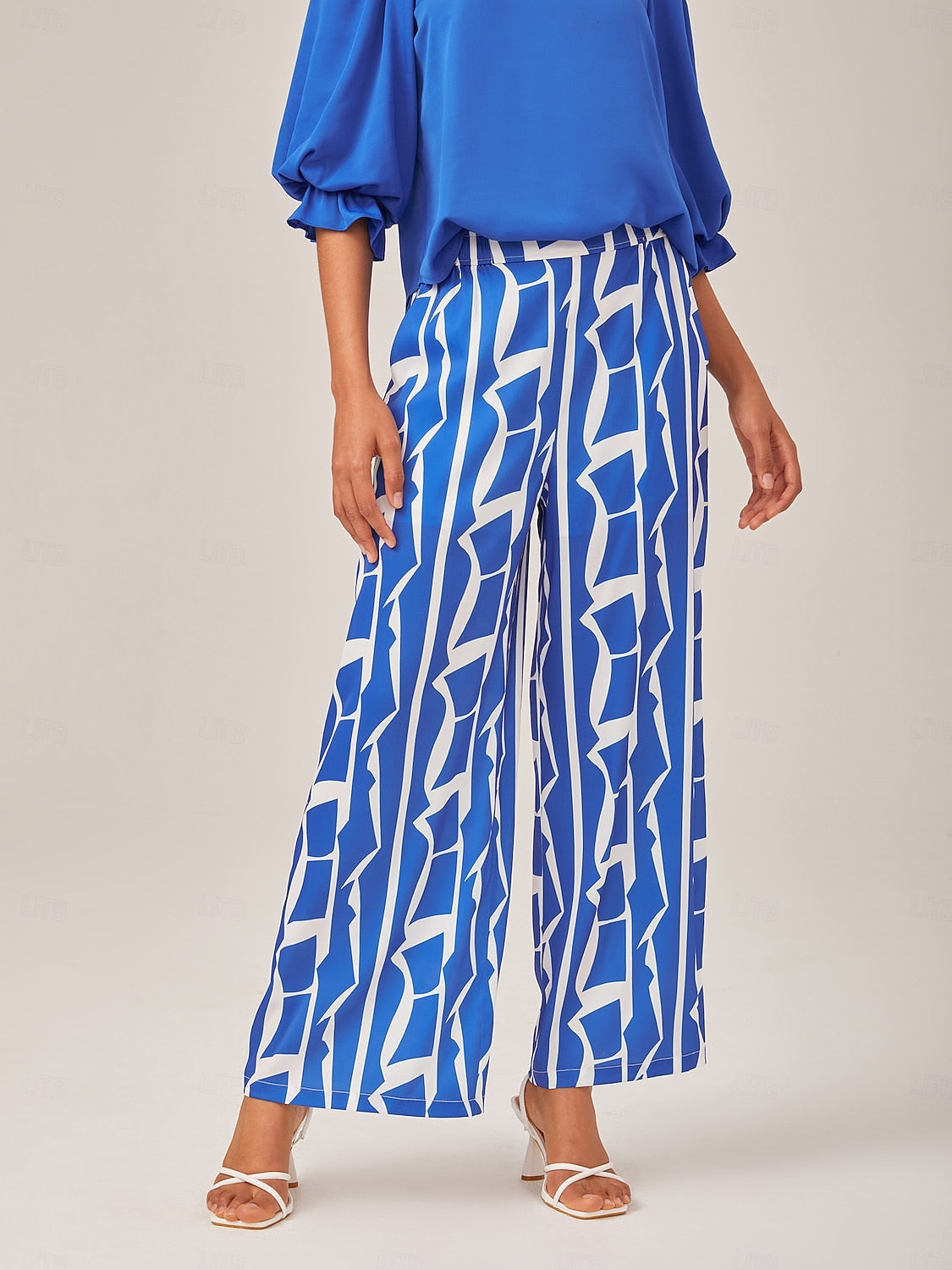 Ruched Waist Blue Printed Straight-Leg Pants