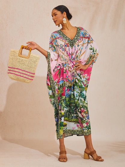 Pink Jungle Party Flowy Chiffon Diamond Kaftan