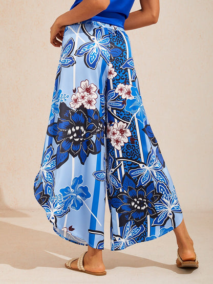 Azure Bloom Satin Slit Wide Leg Pants