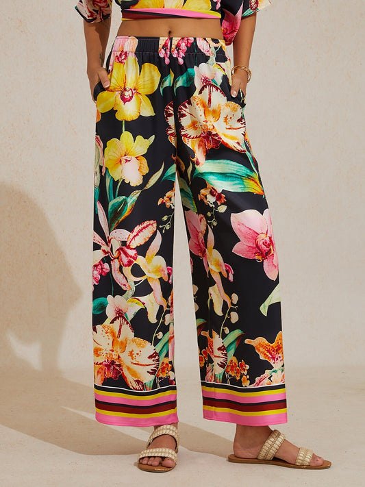 Midnight Floral Carnival Silky Satin Wide Leg Pants