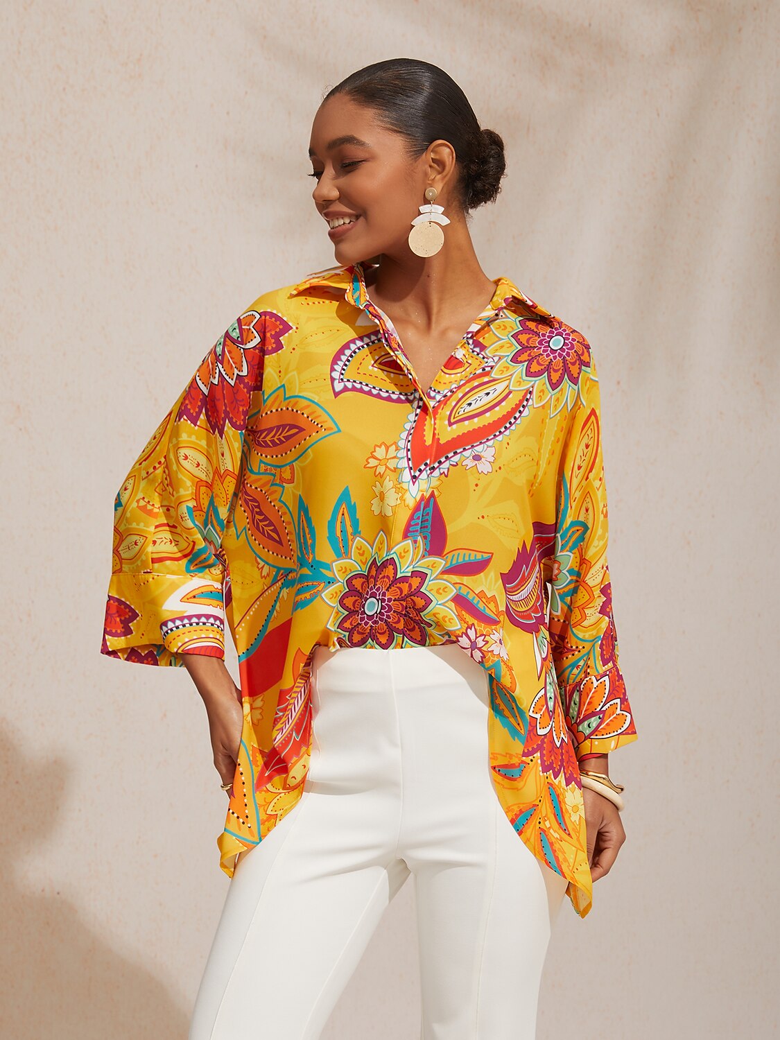 Spring Blooms Flowy Chiffon Asymmetrical Dolman Sleeve Blouse