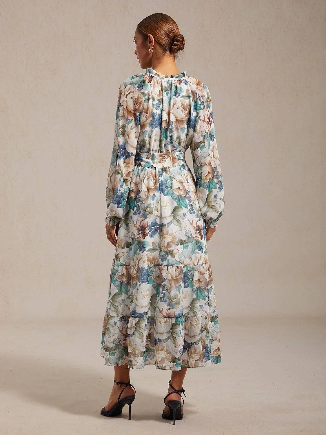 Floral Print Flowy Chiffon Vacation Maxi Dress