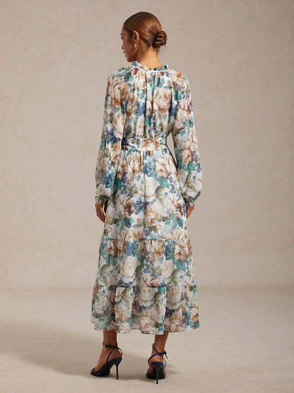 Floral Print Flowy Chiffon Vacation Maxi Dress