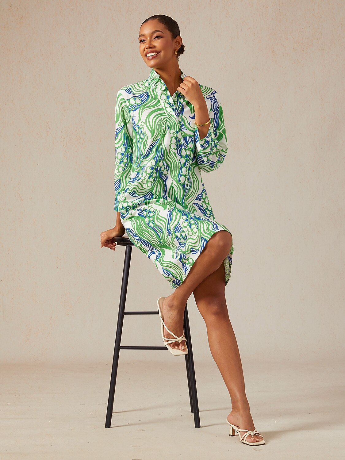Abstract Bell Flower Linen Look Midi Dress