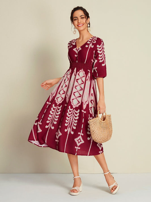 Folk Print Brick Red Half Sleeve V-Neck Midi Dress
