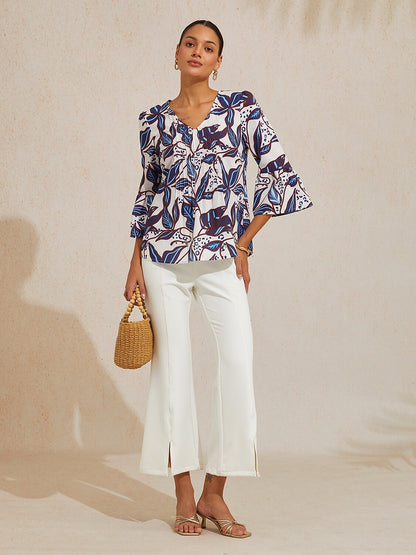 Cobalt Flora Reverie Linen Look V Neck Blouse