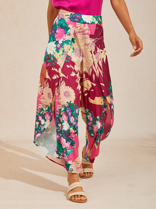 Fiery Pink Rose Silky Satin Slit Wide Leg Pants