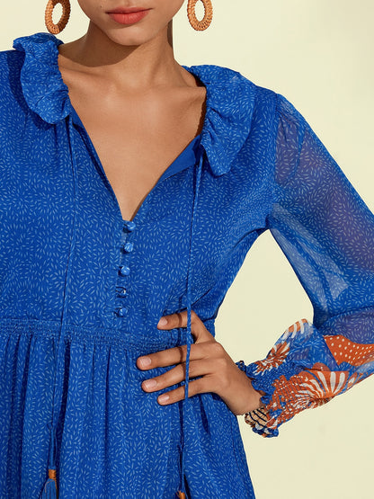 Chiffon Tropical Flowers Puff Sleeve Maxi Dress