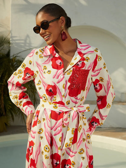 Abstract Floral Print Long Shirt Maxi Dress Vacation Casual