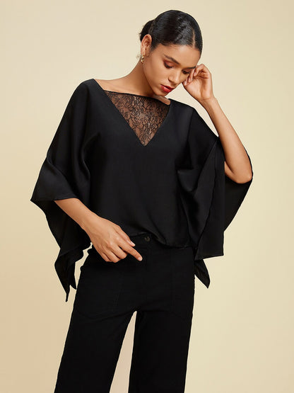 Solid Color Batwing Sleeve Lace Patchwork Satin Blouse