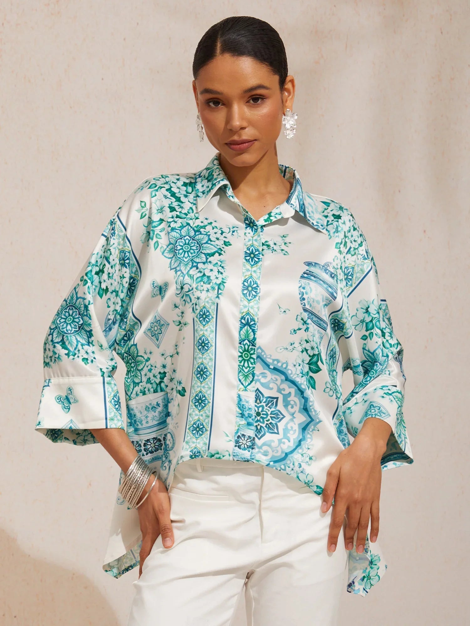 Chemise ample en satin soyeux Celadon Bloom Story à manches dolman