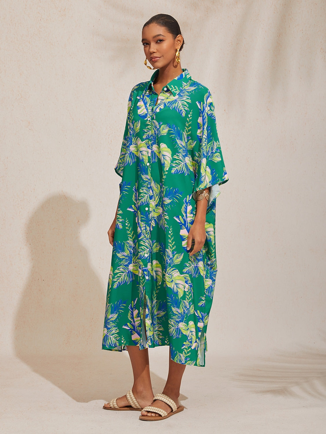 Leaf Print Shirt Short Sleeve Midi Chiffon Dress