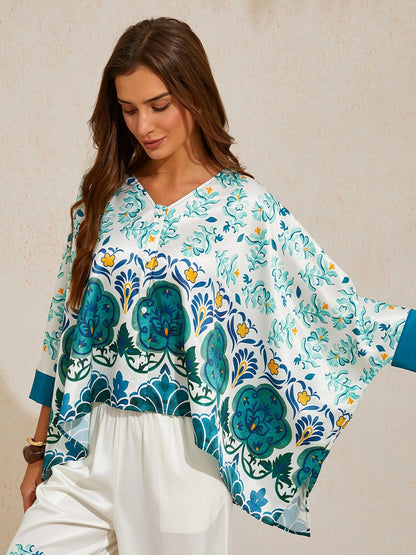 Jade Palace Garden Silky Satin Batwing Top