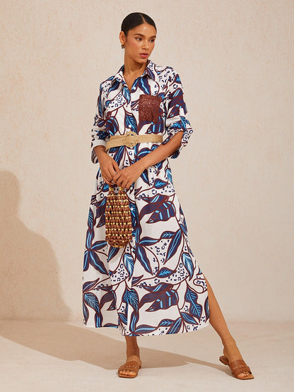 Cobalt Flora Reverie Linen Look Shirt Dress