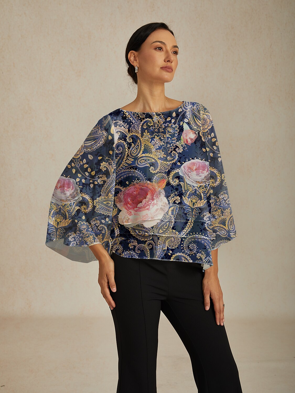 Green Paisley Botanical Print Layered Chiffon Blouse