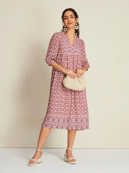 Chiffon Ethnic Floral Print Half Sleeve V-Neck Midi Dress