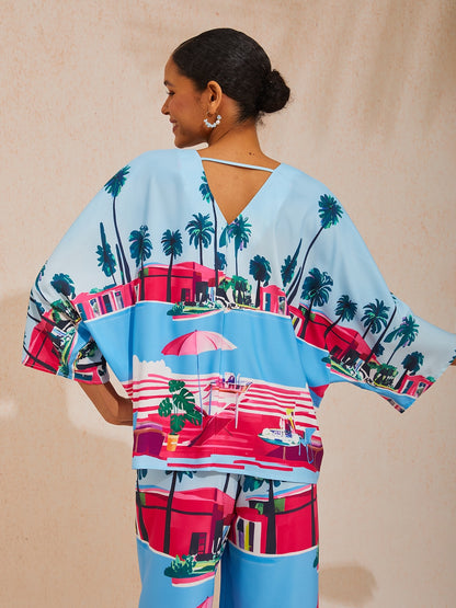Santorini Summer Silky Satin Batwing Sleeve Batwing Top