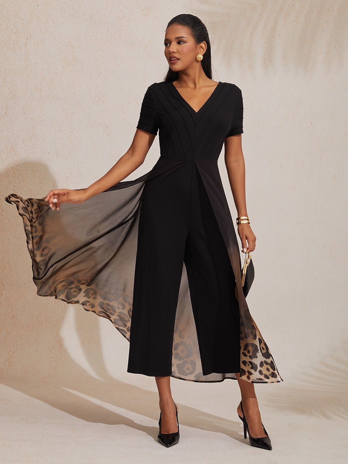 Chiffon Knit Gradient Leopard Print Flowing Elegant Jumpsuit