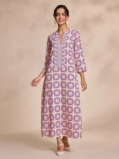 Ethnic Floral Print Notched Collar Vacation Style Maxi Dress