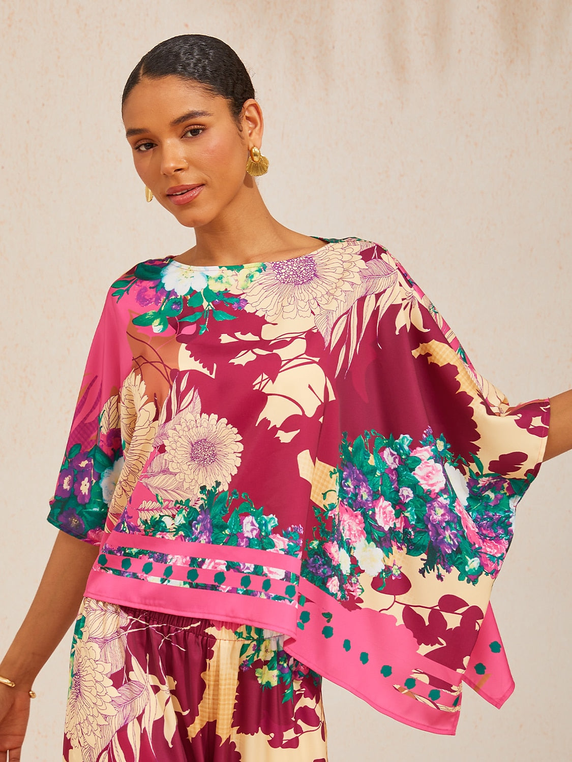Fiery Pink Rose Silky Satin Batwing Top