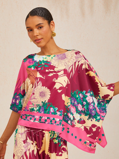 Fiery Pink Rose Silky Satin Batwing Top