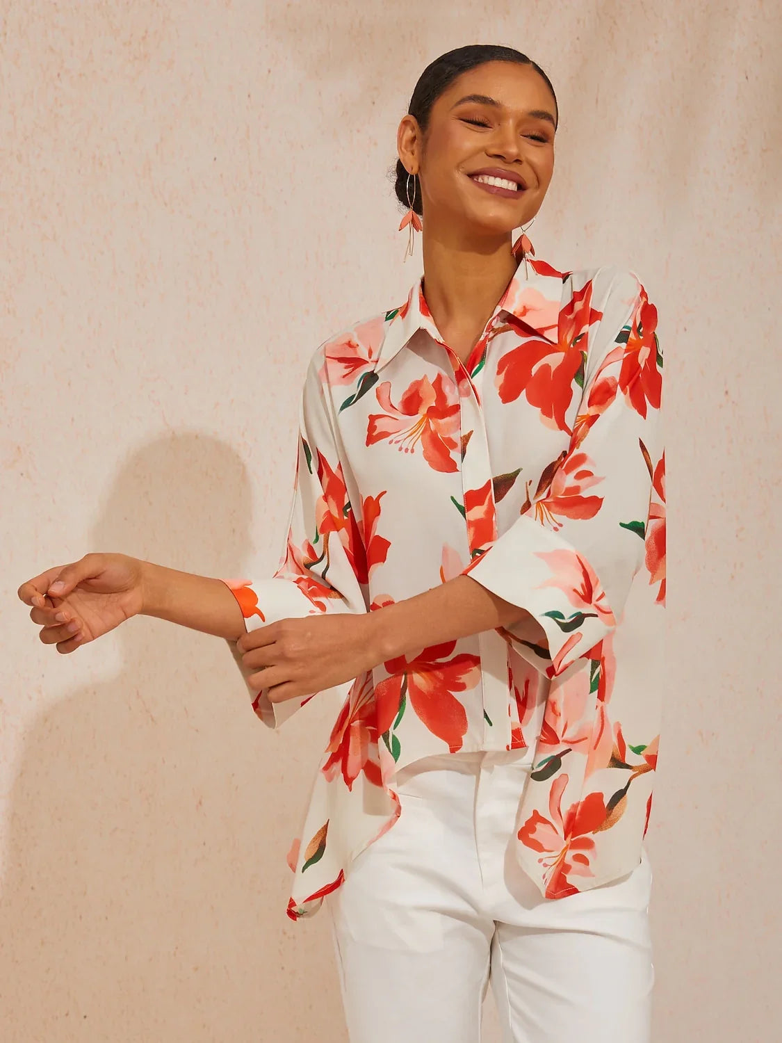 Spring Blooms Flowy Chiffon Asymmetrical Dolman Sleeve Blouse