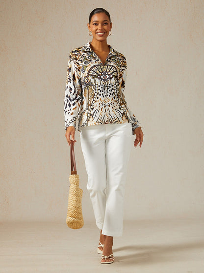 Vintage Leopard Jewelry Linen Look Blouse