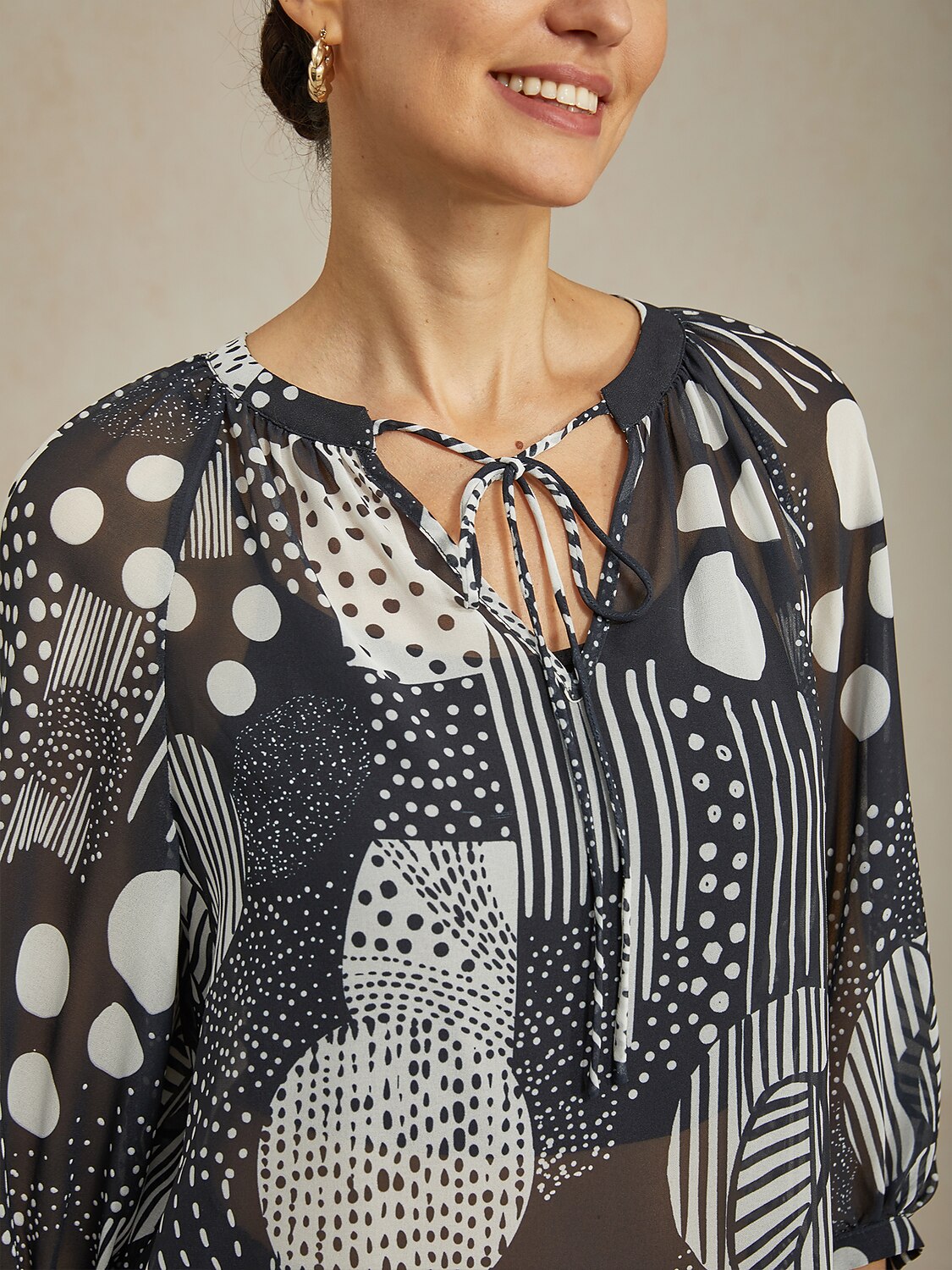Abstract Print Puff Sleeve V-Neck Chiffon Blouse