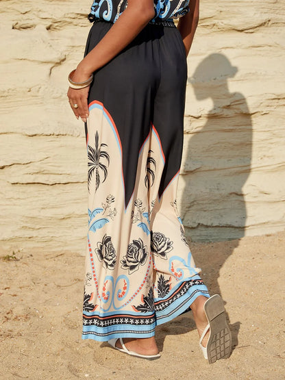 Summer Night Palm Silky Satin Straight Pants