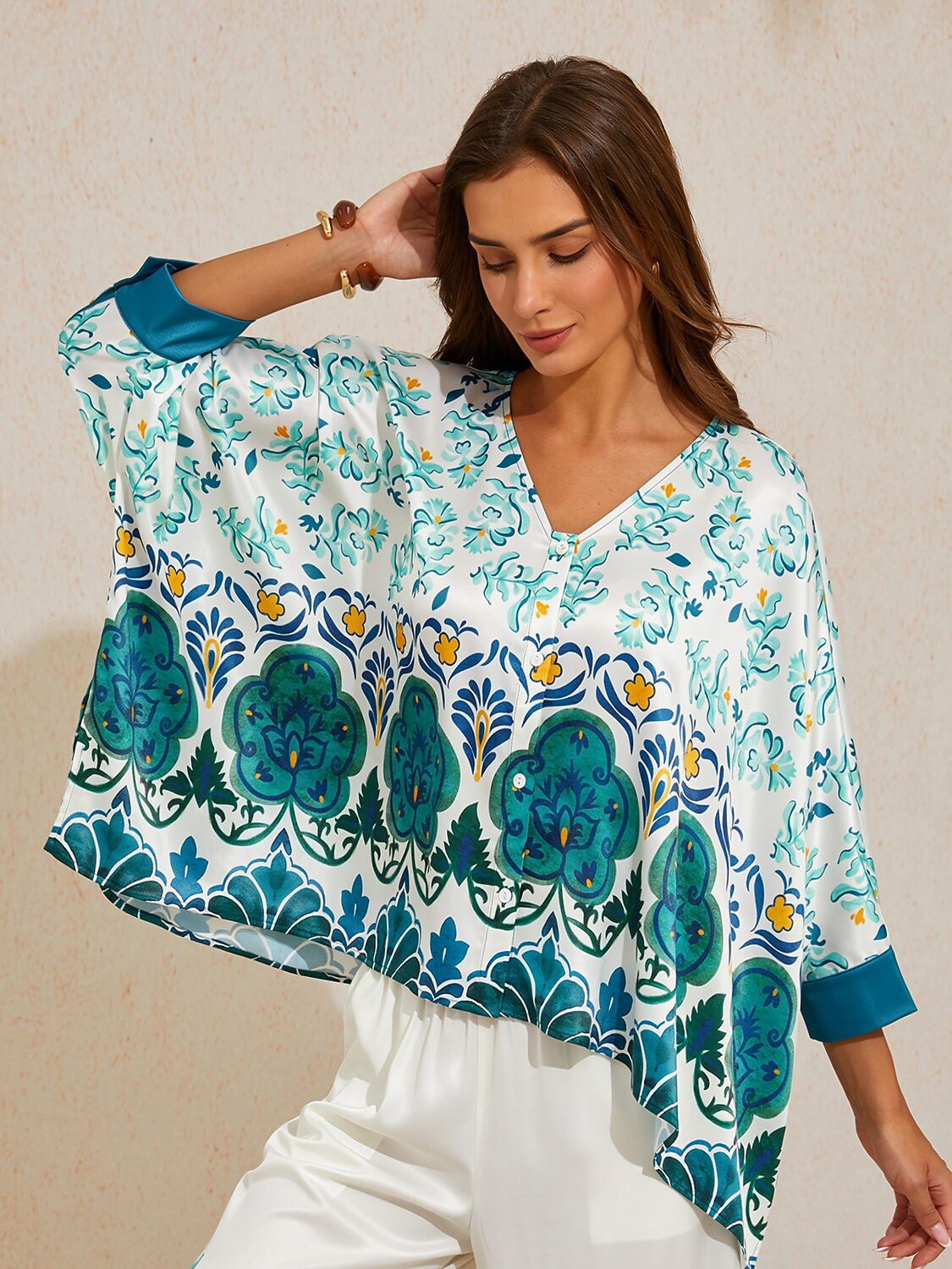 Jade Palace Garden Silky Satin Batwing Top