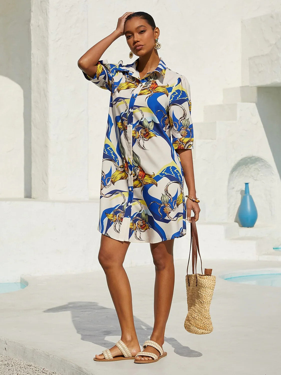 Ocean Blue Orchid Silky Satin Floral Shirt Dress