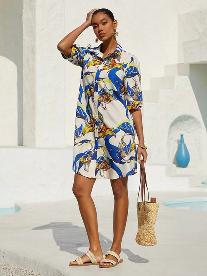 Ocean Blue Orchid Silky Satin Floral Shirt Dress