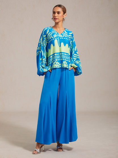 Elastic Waist Blue Satin Wide Leg Pants