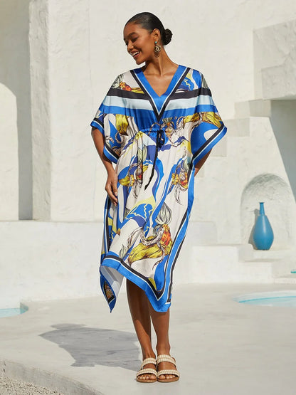 Ocean Blue Orchid Silky Satin Kaftan