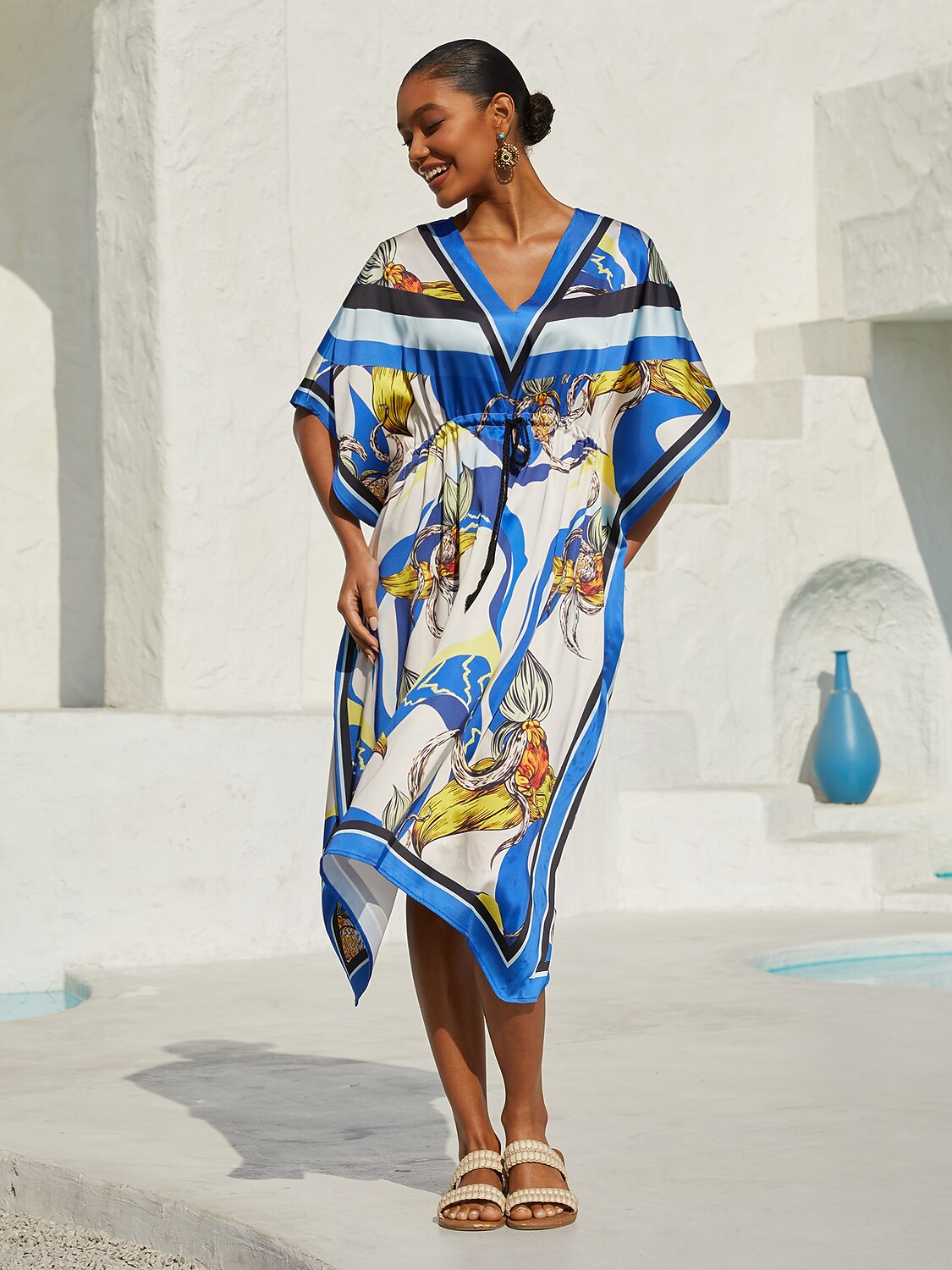Kaftano in Raso Effetto Seta Blu Orchidea