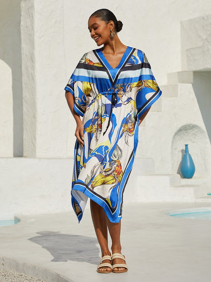 Kaftano in Raso Effetto Seta Blu Orchidea