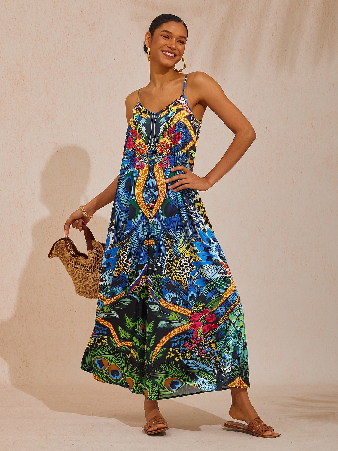 Jungle Wild Party Silky Satin Feather Jumpsuit