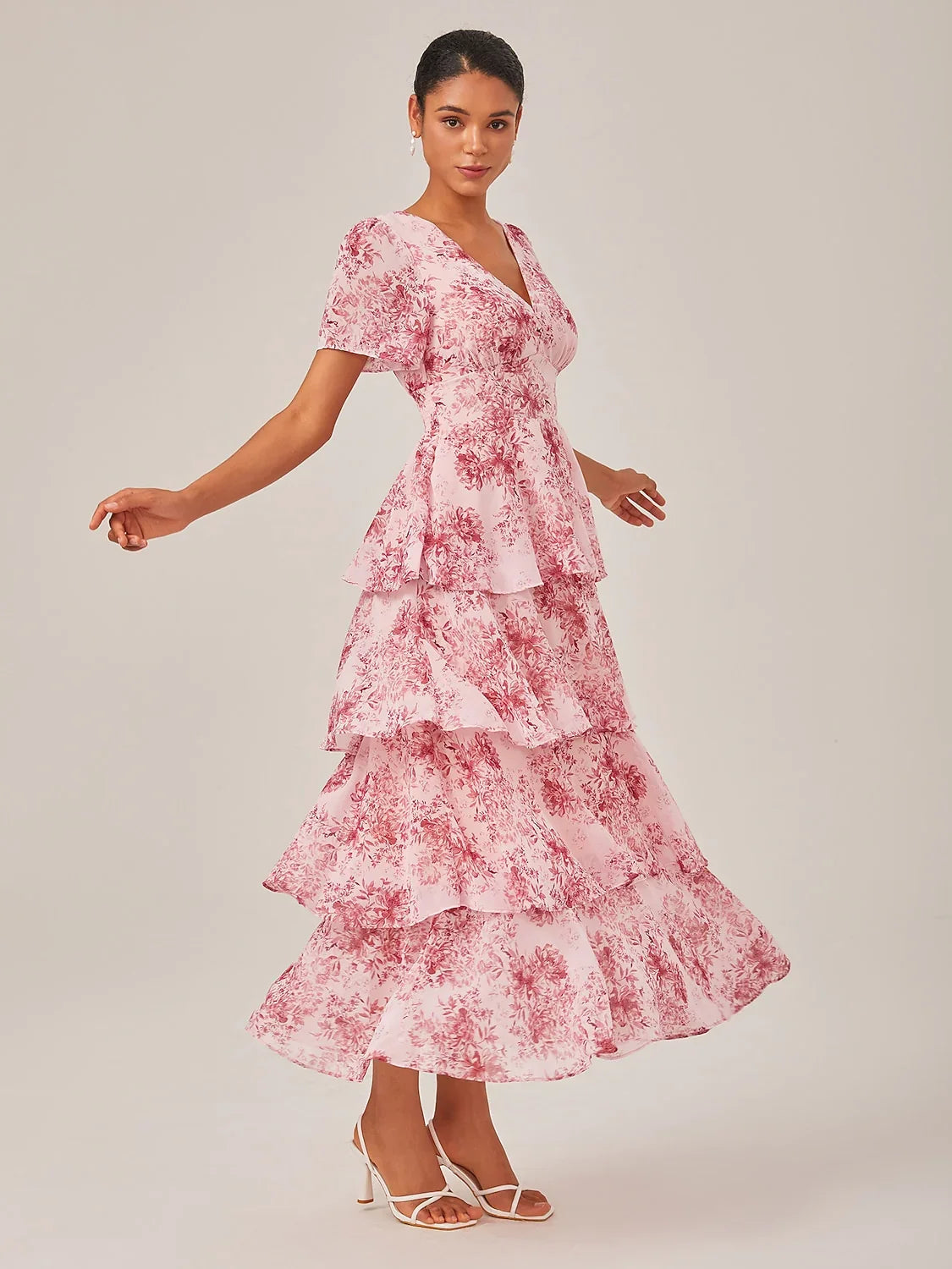 Abstract Floral Ruffle Chiffon Maxi Dress